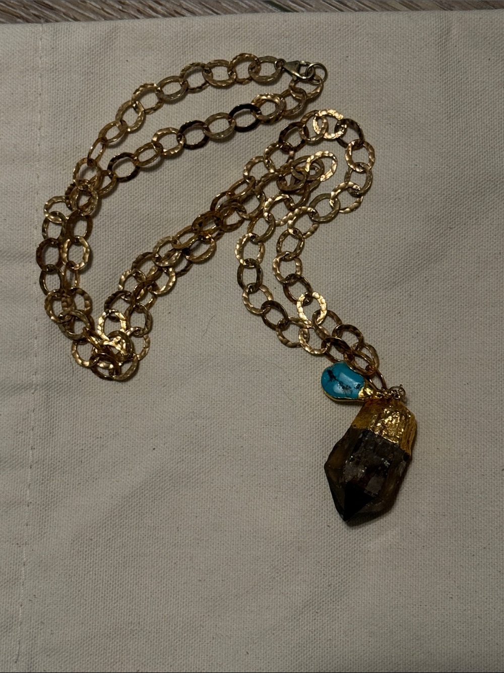 Gold Chain Necklace with Brown Smoky Crystal Pendant and Turquoise Accent